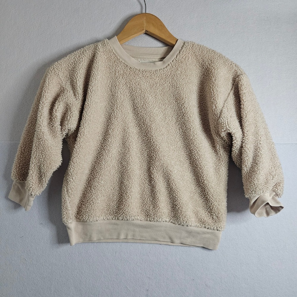 Bacabuche Kids Sherpa‎ Fleece Sweatshirt Beige Organic Cotton Trim Made USA 6-7y